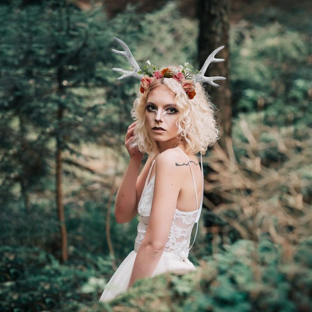 1479 Deer Antler Headband Reindeer Horns Rose Flower Crown Headpiece - Picture 2 of 5